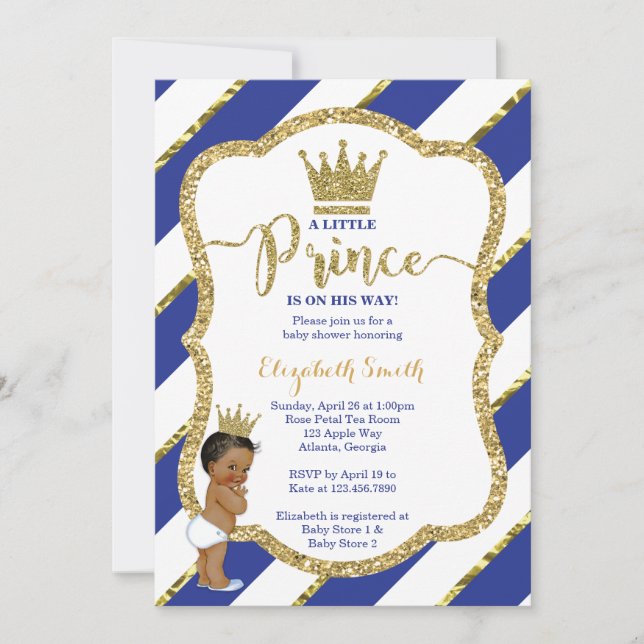 Little Prince Baby Shower Invite, Faux Glitter Invitation (Front)