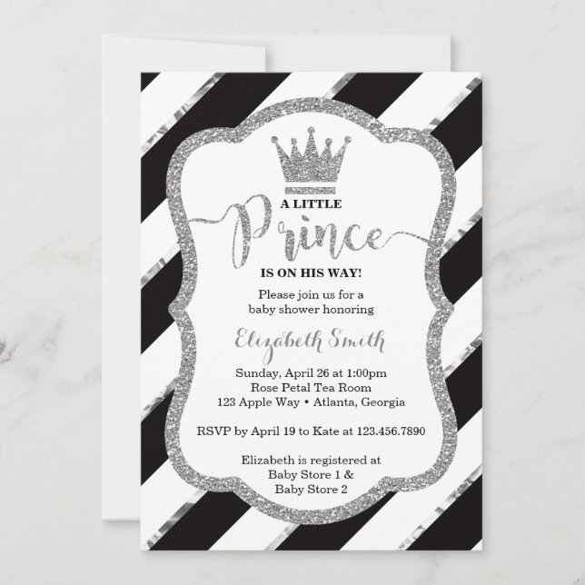 Little Prince Baby Shower Invite, Faux Glitter Invitation (Front)