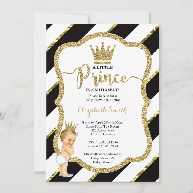 Little Prince Baby Shower Invite, Faux Glitter Invitation (Front)