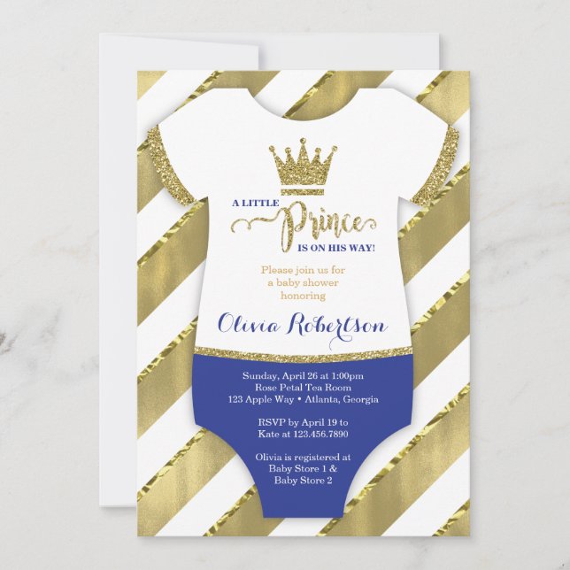 Little Prince Baby Shower Invite, Faux Glitter Invitation (Front)