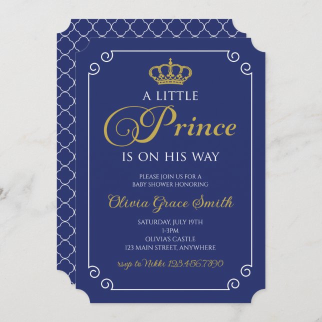 Little Prince Baby Shower Royal Blue Gold Invitati Invitation (Front/Back)