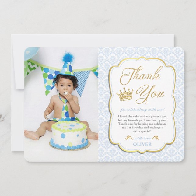 Little Prince Birthday Blue Damask Picture  Thank You Card (Front)