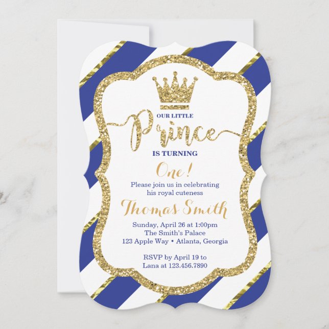 Little Prince Birthday Invitation in Blue & Gold (Front)