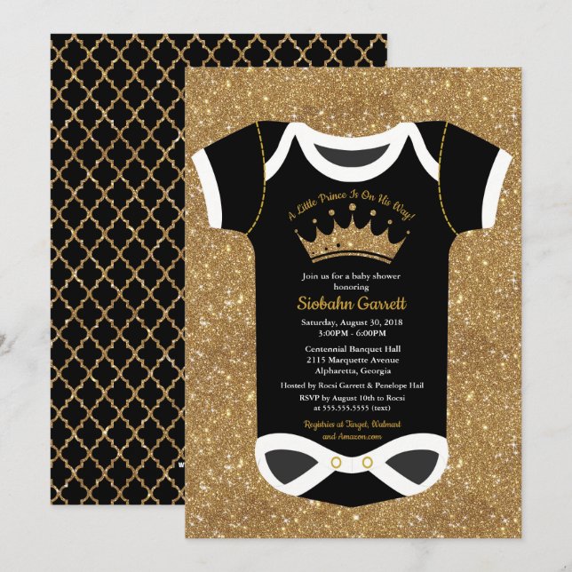Little Prince Black & Royal Gold Baby Shower Invitation (Front/Back)