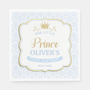 Little Prince Blue Damask Gold Crown 1st Birthday Napkin