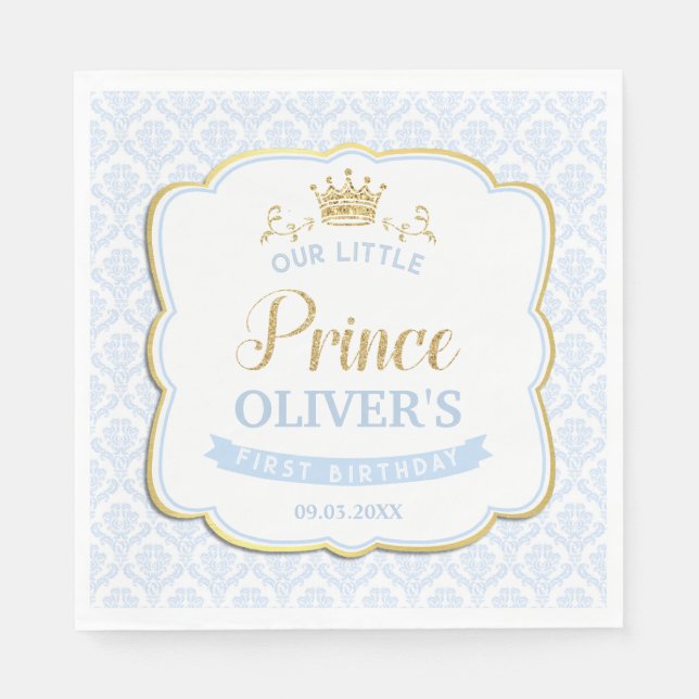 Little Prince Blue Damask Gold Crown 1st Birthday Napkin (Front)
