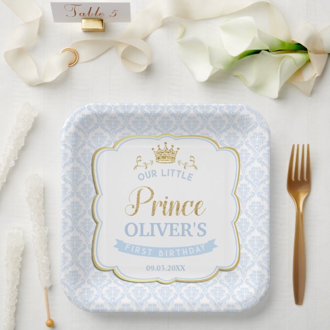 Little Prince Blue Damask Gold Crown 1st Birthday Paper Plate (Wedding)