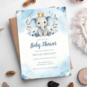 Little Prince Blue Floral Elephant Baby Shower Invitation