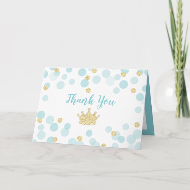 Little Prince Blue Gold Confetti Dots Baby Shower Thank You Card (Front)