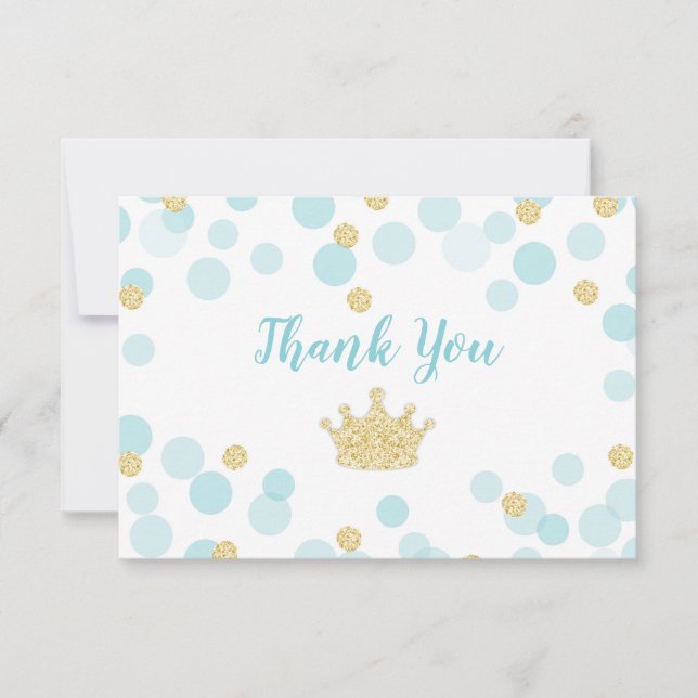 Little Prince Blue Gold Dots Baby Shower Thank You Card (Front)