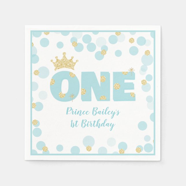Little Prince Blue Gold First Birthday Napkin (Front)