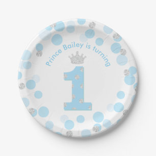 Little Prince Blue Silver 1st Birthday Party Paper Plate