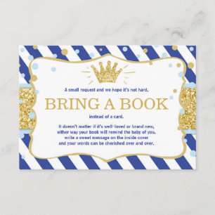 Little prince bring a book Royal blue gold crown Enclosure Card