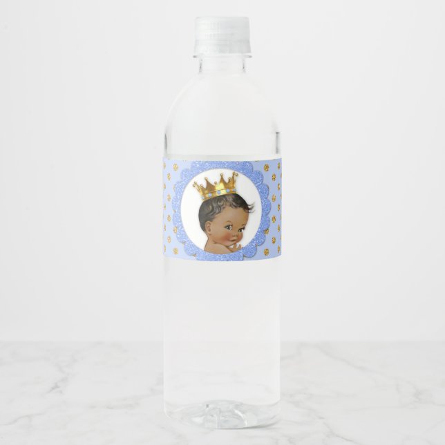 Little Prince Ethnic Crown Light Blue Gold Water Bottle Label (Front)