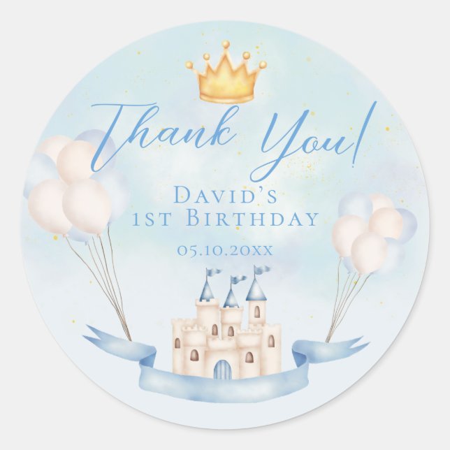 Little Prince Fairytale Castle Crown 1st Birthday Classic Round Sticker (Front)