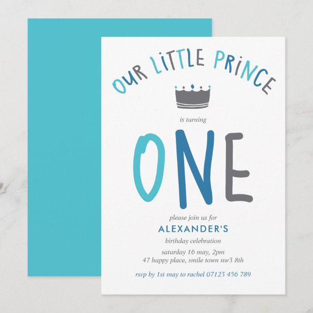 Little Prince First Birthday Blue Party Invitation (Front/Back)