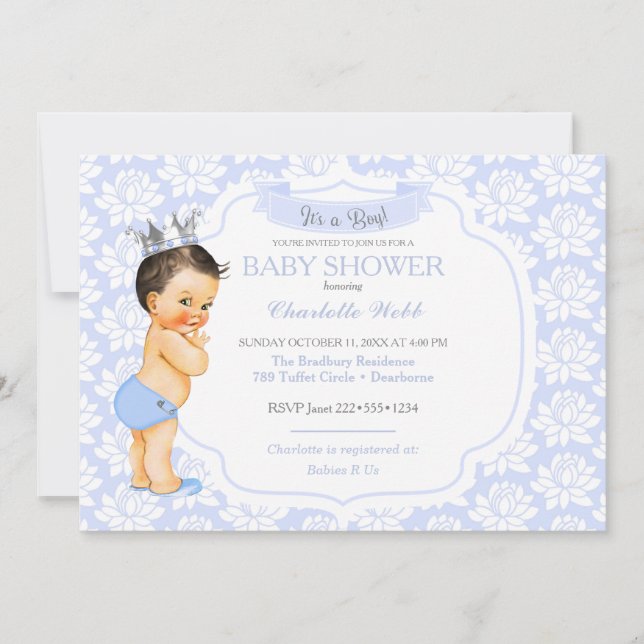 Little Prince Light Blue Silver Baby Boy Invitation (Front)