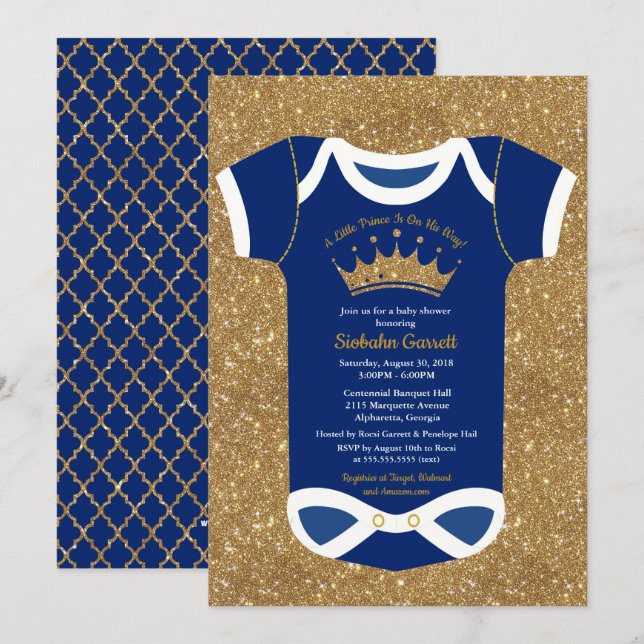 Little Prince Navy Blue & Royal Gold Baby Shower Invitation (Front/Back)