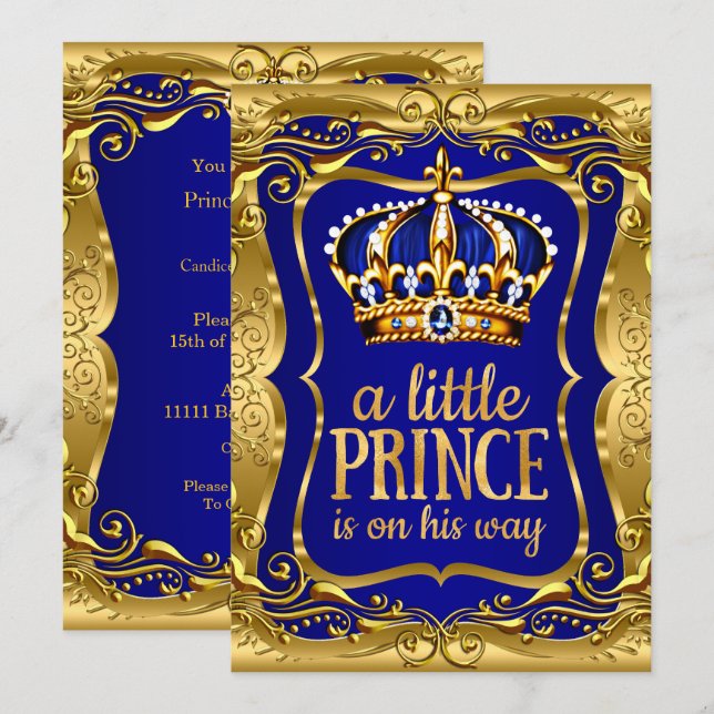 Little Prince on his way Baby Shower Gold Blue Invitation (Front/Back)