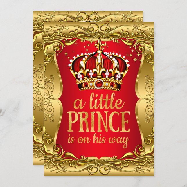 Little Prince on his way Baby Shower Gold Red Invitation (Front/Back)