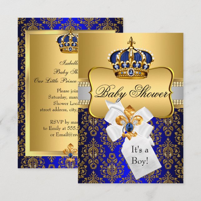 Little Prince Royal Blue Crown Baby Shower Invite (Front/Back)