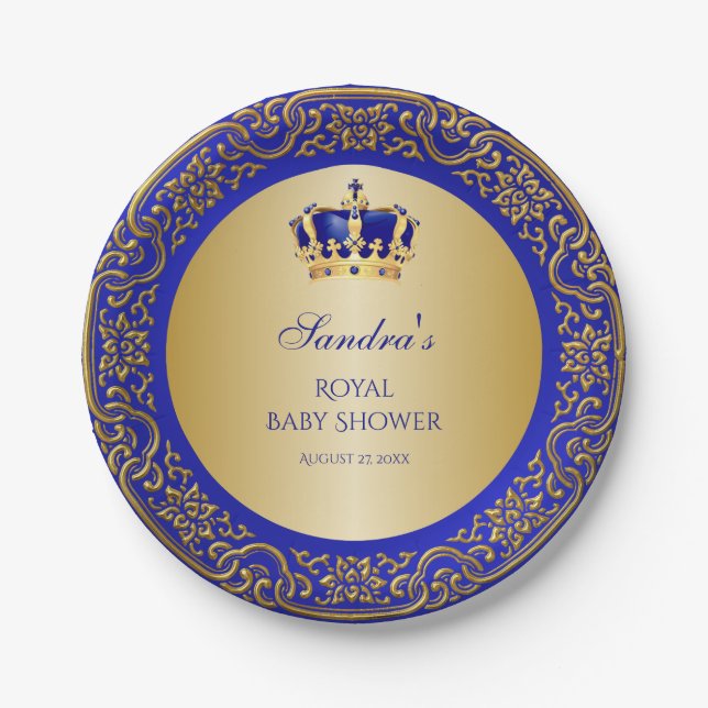 Little Prince Royal Blue Gold Crown Paper Plate (Front)