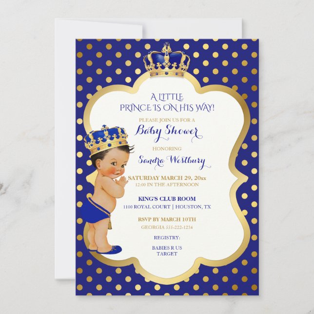 Little Prince Royal Blue & Gold Dot Crown Invitation (Front)