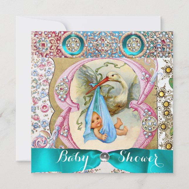 LITTLE PRINCE STORK BABY SHOWER,FLORAL GEMSTONES INVITATION (Front)