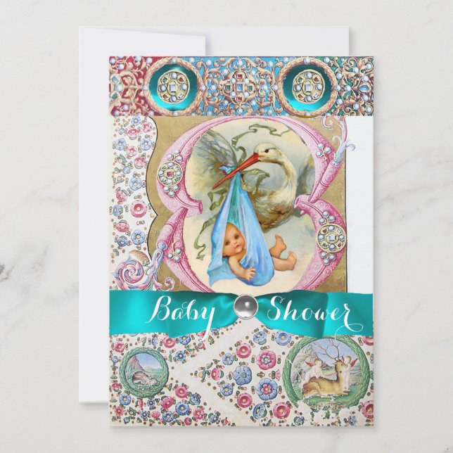 LITTLE PRINCE STORK BABY SHOWER,FLORAL GEMSTONES INVITATION (Front)