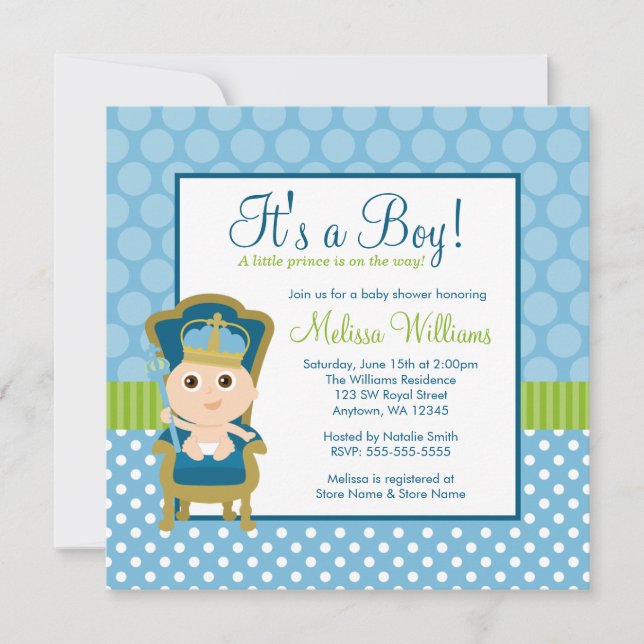 Little Prince Throne Polka Dot Boy Baby Shower Invitation (Front)