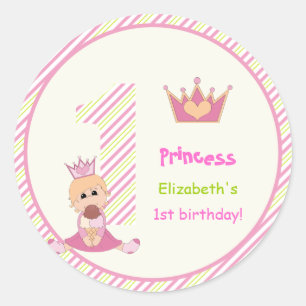 Little princess and crown girls 1st birthday pink classic round sticker