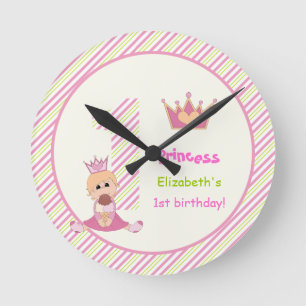 Little princess and crown girls 1st birthday pink round clock