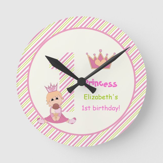 Little princess and crown girls 1st birthday pink round clock (Front)