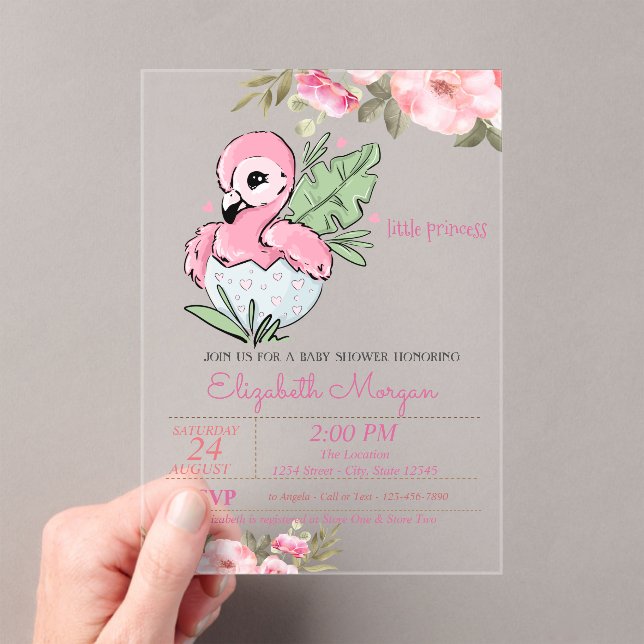 Little Princess,Baby Flamingo Floral Baby Shower Acrylic Invitations (Insitu (Handheld))