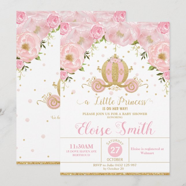 Little Princess Baby Shower Carriage Pink Floral Invitation (Front/Back)