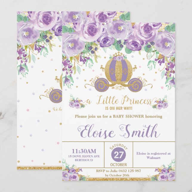 Little Princess Baby Shower Carriage Purple Floral Invitation (Front/Back)