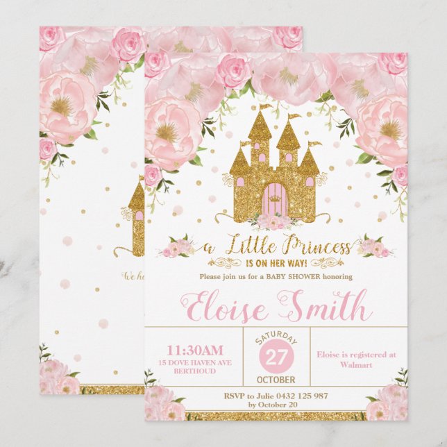 Little Princess Baby Shower Castle Pink Floral  Invitation (Front/Back)