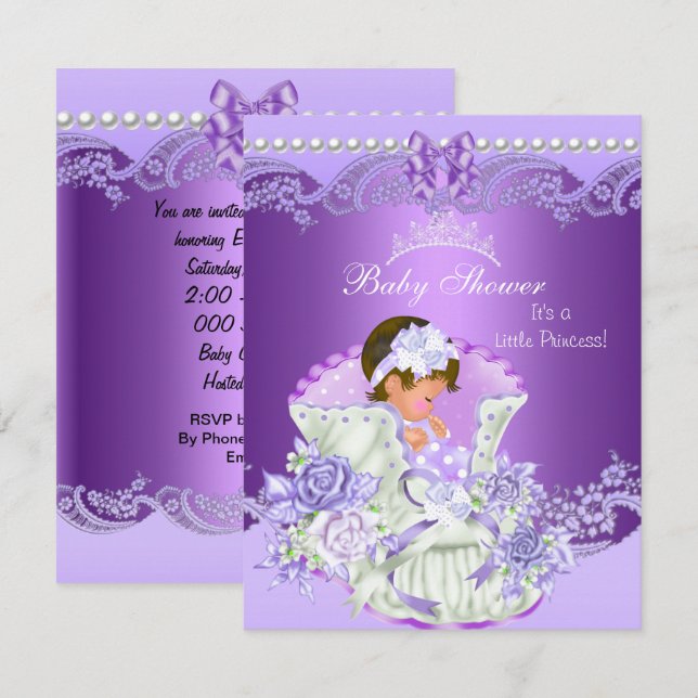 Little Princess Baby Shower Girl Purple Tiara Vint Invitation (Front/Back)