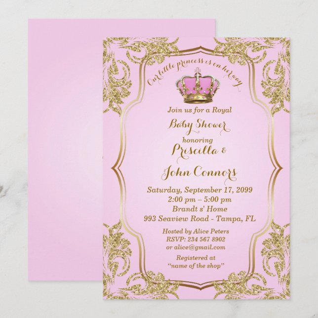 Little Princess Baby Shower Invitation, gold, pink Invitation (Front/Back)