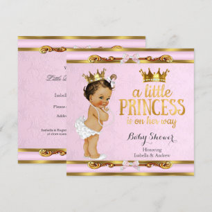 Little Princess Baby Shower Pink Gold Brunette Invitation