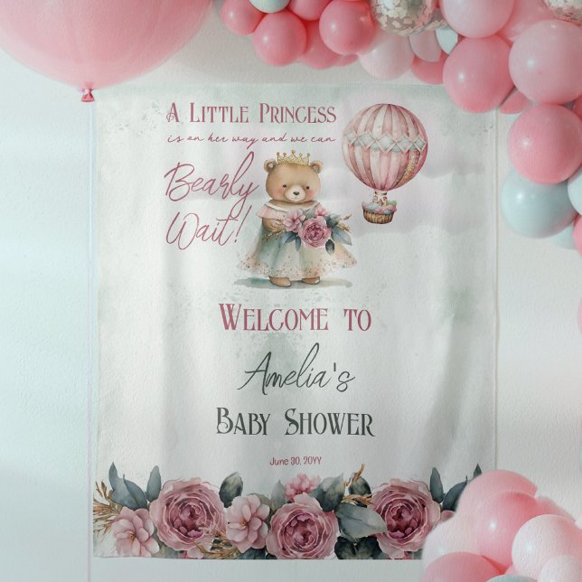 Little Princess Bear Bearly Wait Girl Baby Shower Tapestry ("A Little Princess Is On Her Way and We Can Bearly Wait!" cute teddy bear princess shower design.)
