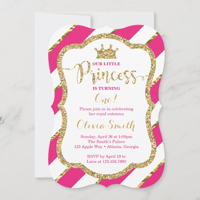 Little Princess Birthday Invitation in Pink & Gold (Front)