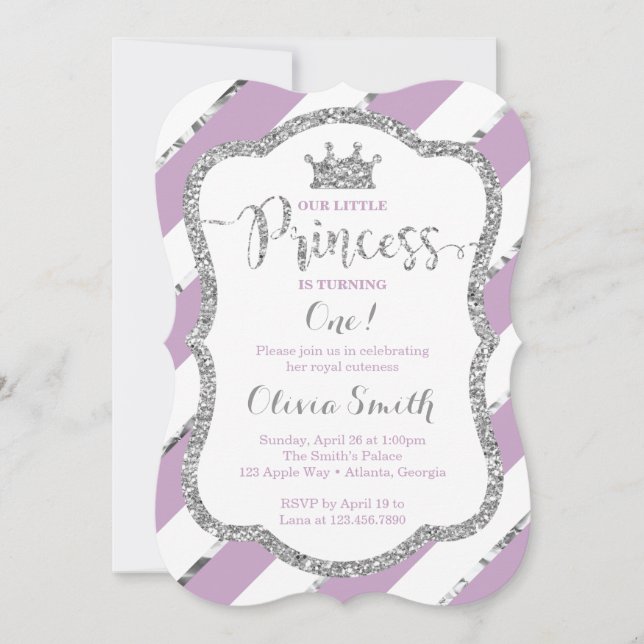 Little Princess Birthday Invitation Purple Silver (Front)