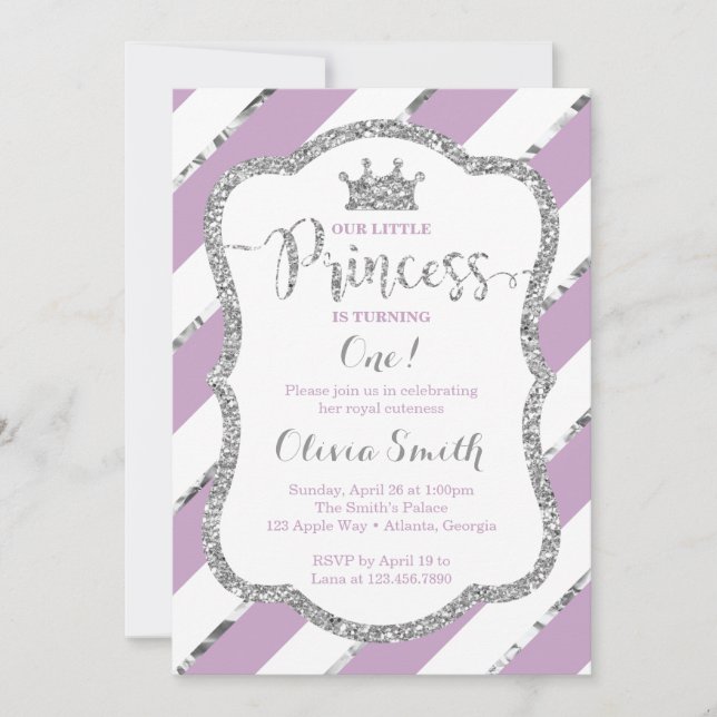 Little Princess Birthday Invitation Purple Silver (Front)