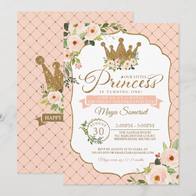 Little Princess Blush Floral Royal Birthday Invitation (Front/Back)