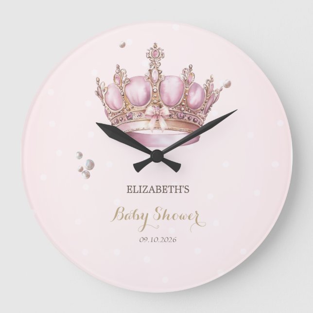 Little Princess Crown Pearls Dots Baby Shower Large Clock (Front)