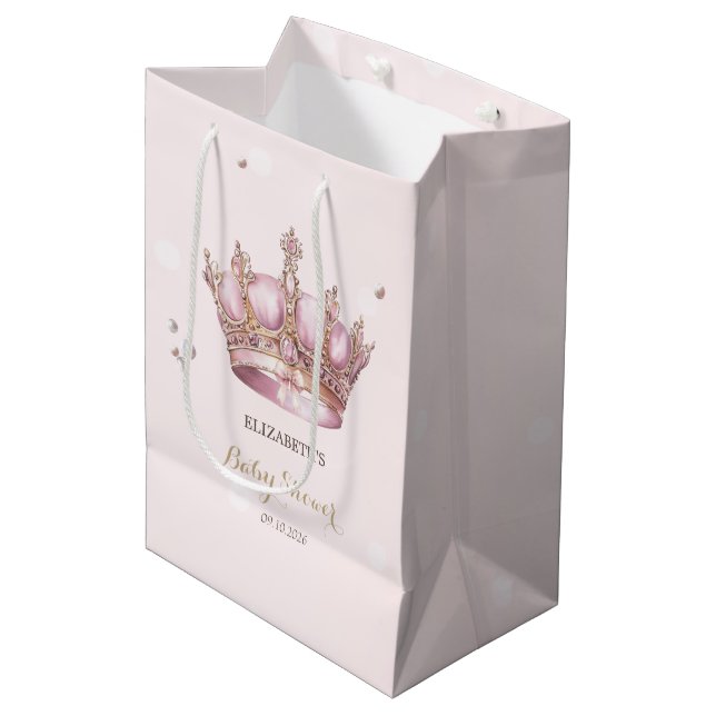Little Princess Crown Pearls Dots Baby Shower Medium Gift Bag (Front Angled)