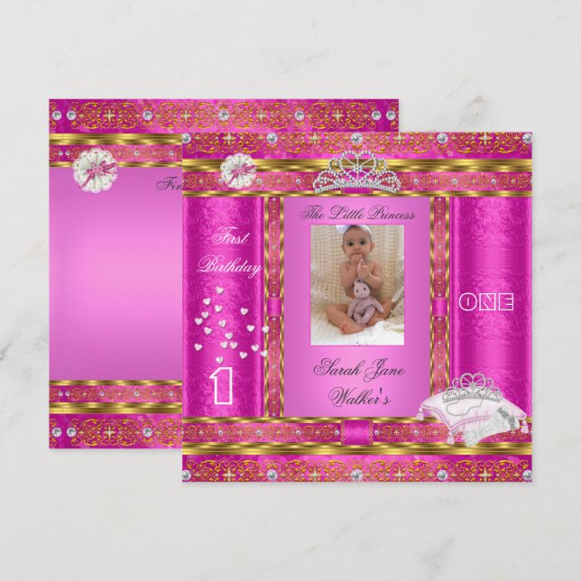 Little Princess First Birthday Party Photo Pink Invitation (Front/Back)