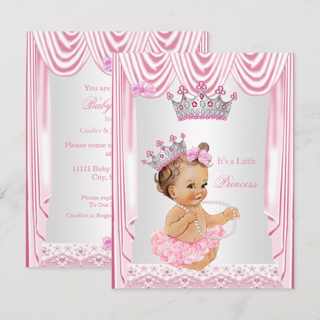 Little Princess Girl Baby Shower Pink Brunette Invitation (Front/Back)