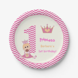 Little princess girls 1st birthday chevron border paper plate
